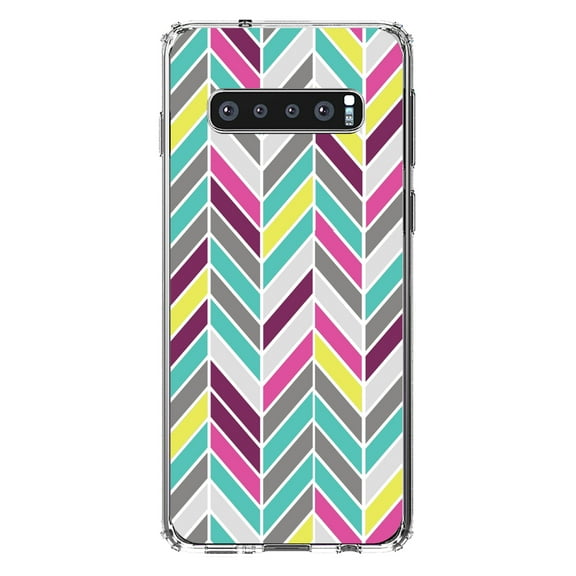 DistinctInk Clear Shockproof Hybrid Case for Samsung Galaxy S10  PLUS(6.4" Screen) - TPU Bumper, Acrylic Back, Tempered Glass Screen Protector - Pink Purple Teal Herringbone