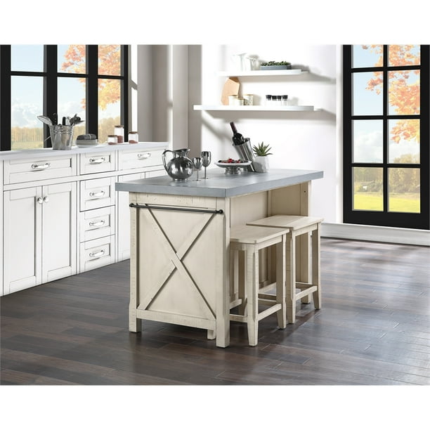 Nashville Kitchen Island in Engineered Wood with Cement Gray Top and 2  Stools 