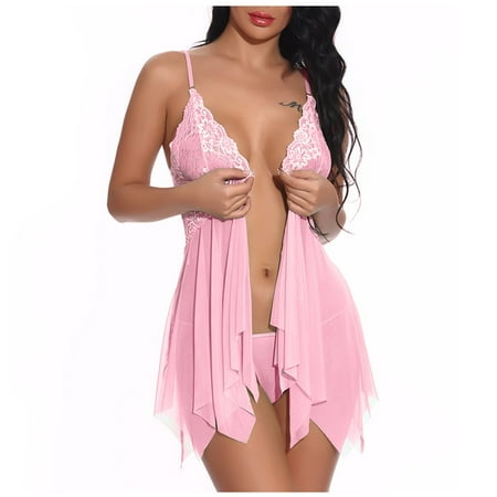 IDALL Womens Pajamas Women s Lingerie  Sleep & Lounge Babydoll Dress for Women V Mesh Front Neck Closure Sleepwear Lace for Sexy Dress Womens Loungewear Set Pink M