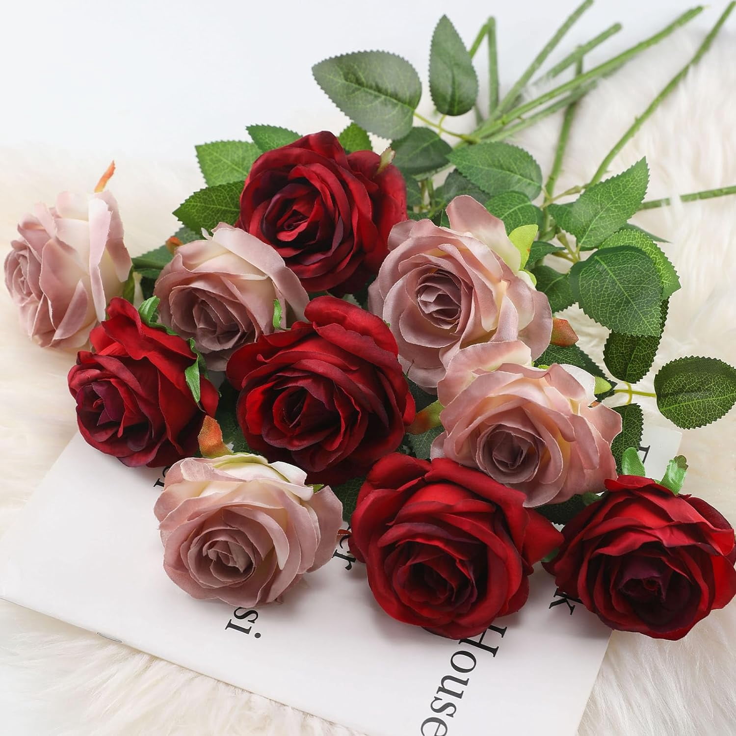 Burgundy Fake Roses Artificial Flowers - Fake Artificial Roses Silk Flowers with Stems for Home Wedding Hotel Office Centerpiece Decor（Burgundy）