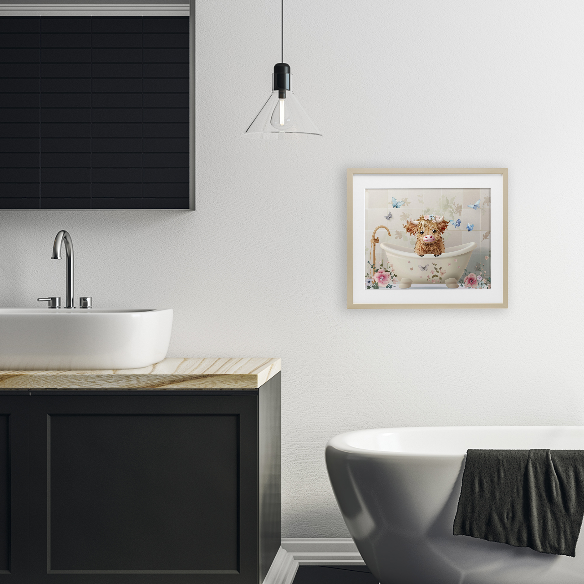 Baby Cattle in Floral Tub Birch Framed Print Under Glass, design by Shawna Stewart