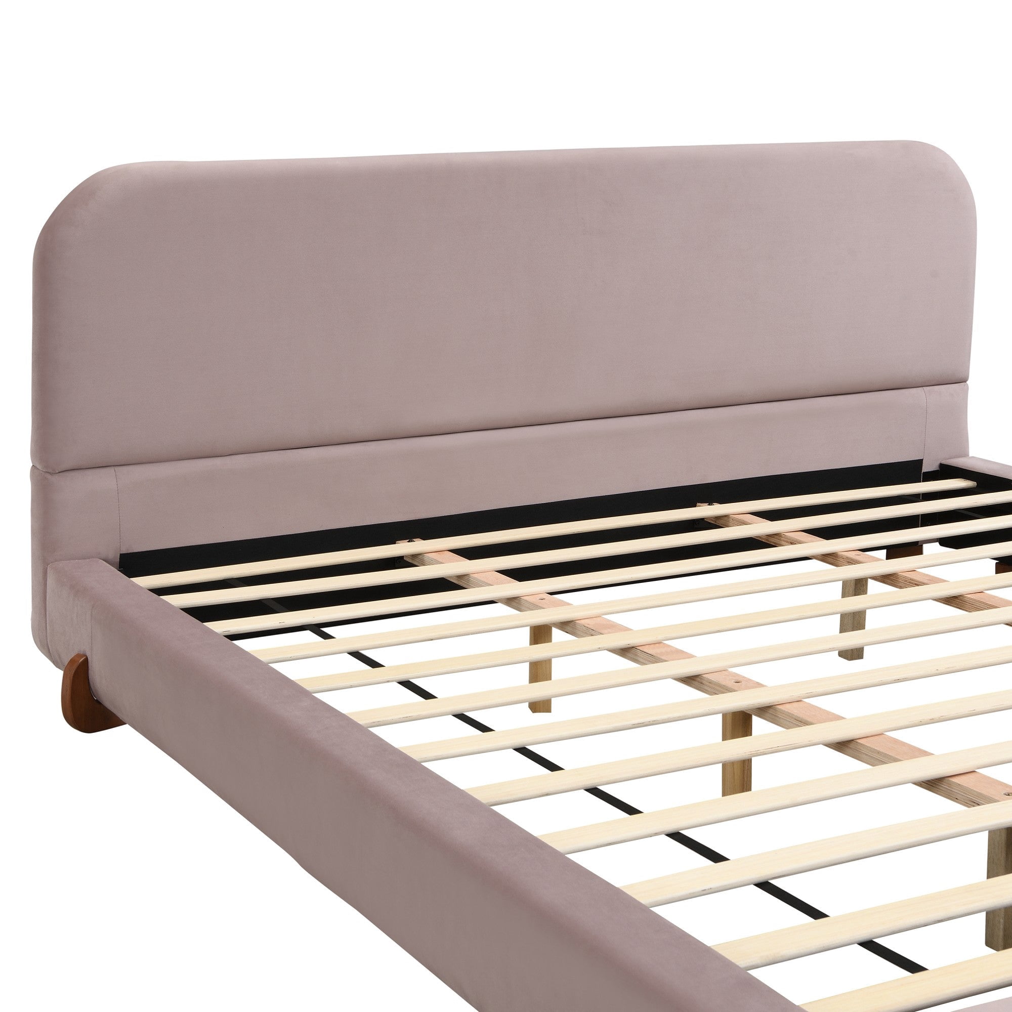 Sailvan California King Upholstered Bed Frame with White Fabric and Brown Solid Rubber Wood Legs,4-Inch Thick Rails,Modern Style Bed,Pink