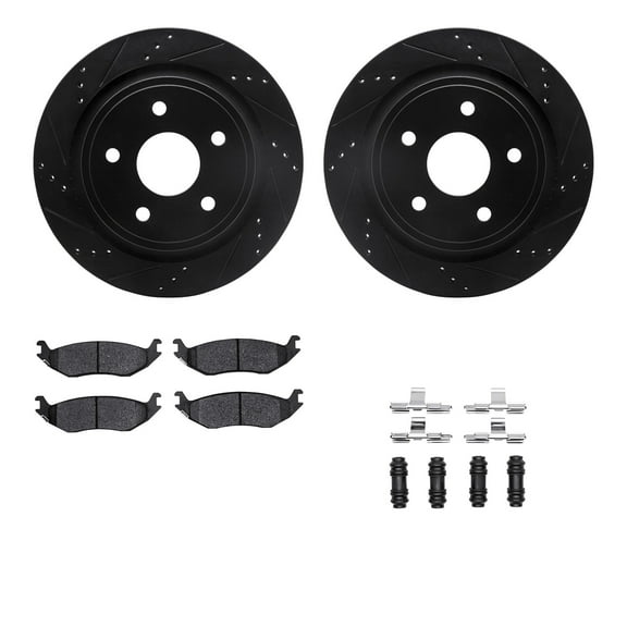Dynamic Friction Company Rear Brake Rotors-Drilled and Slotted-Black with Ultimate Duty Performance Brake Pads includes Hardware 8412-40011