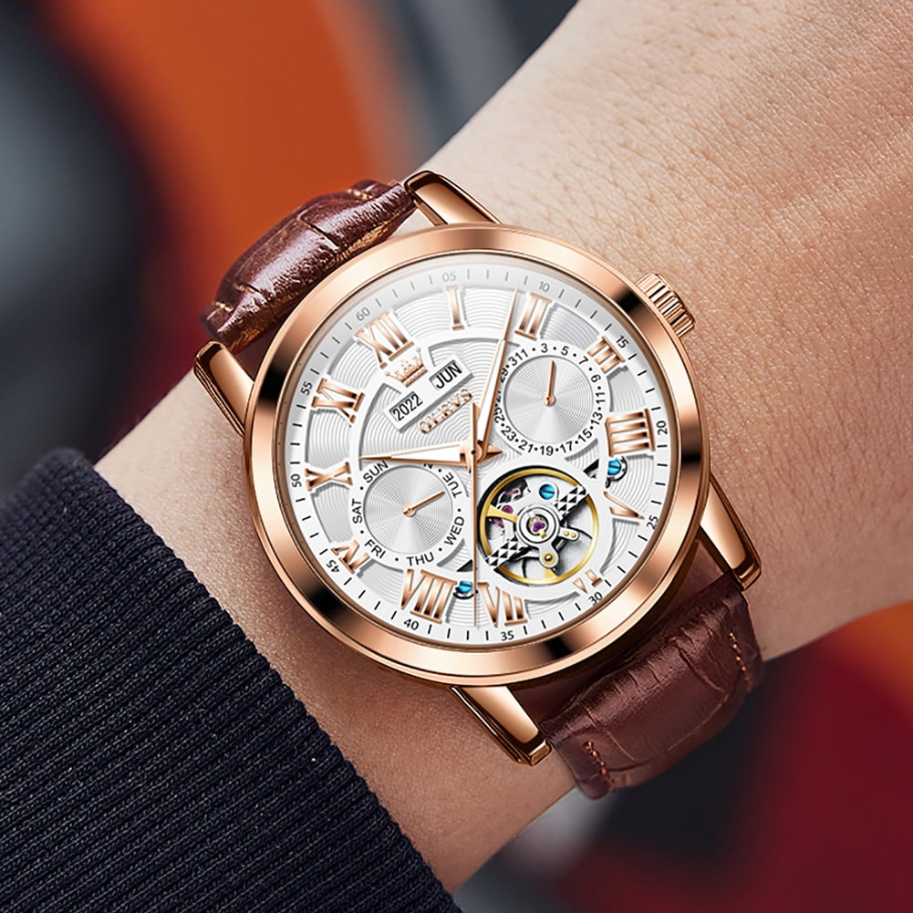 OLEVS Automatic Watches for Men Self Winding Mechanical Skeleton Flywheel Multifunction Luxury Dress Roma Rumerals Calendar Waterproof Luminous Men Wrist Watches Leather