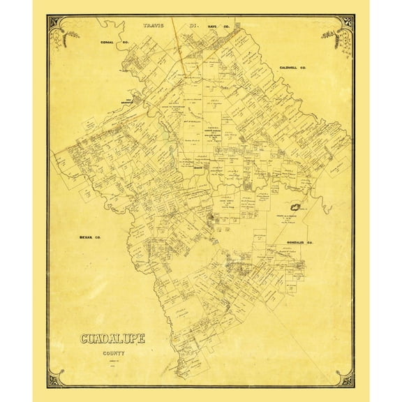 Historic County Map- Guadalupe County Texas - General Land Office 1854 - Vintage Wall Art