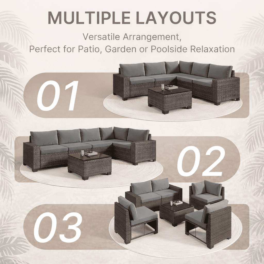 6-Piece Outdoor Patio Conversation Set, All-Weather Gray PE Wicker Sectional Sofa with Coffee Table & Thick Cushions