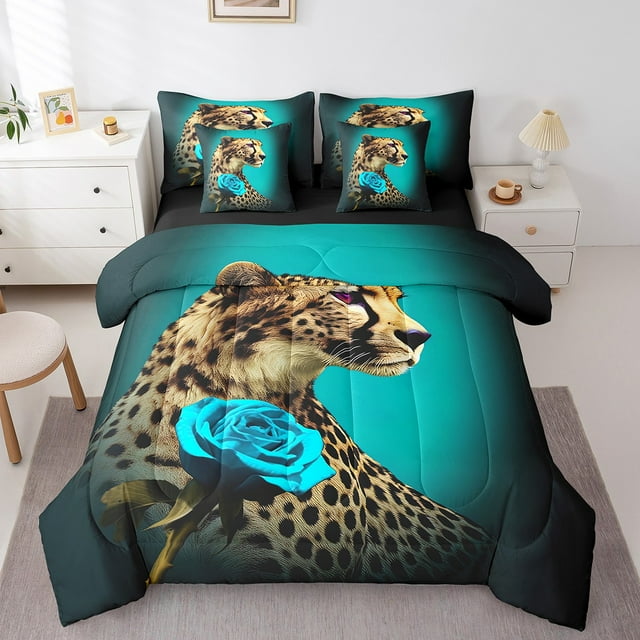 YST Cheetah Comforter Set, 7-Piece, Queen, Teal Rose