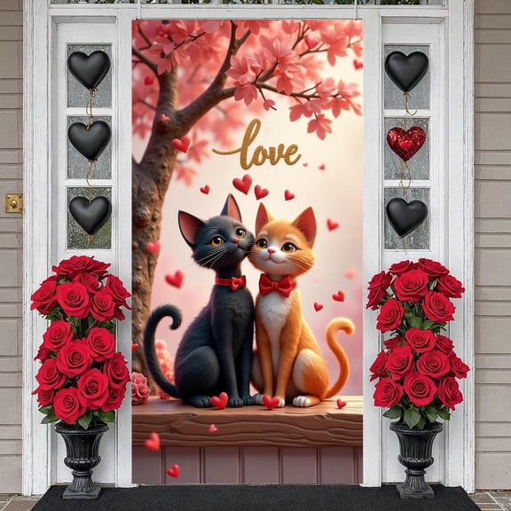 Pink Cherry Blossom Love Banner Red Hearts Valentine Display Golden Glitter Love Couple Romantic Background for Valentine's Day Celebration Anniversary Party Romantic Date