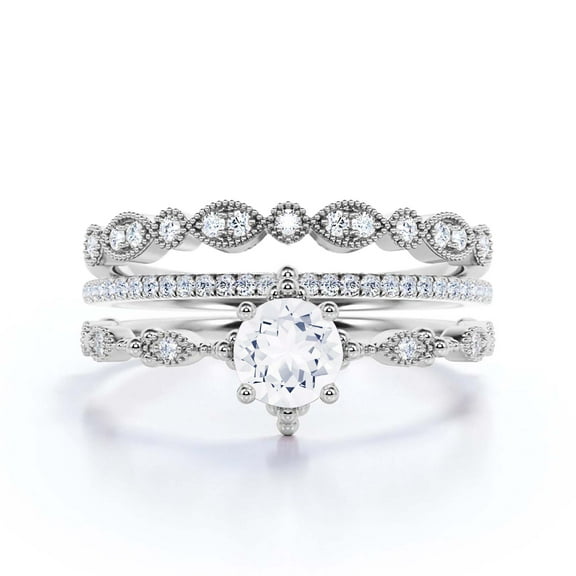 Antique Dazzling Boho & hippie 2.25 Carat Round Cut Diamond Moissanite Unique Engagement Ring, Wedding Ring in10k Solid White Gold, Affordable Gift For Woman, Trio Set, Matching Band