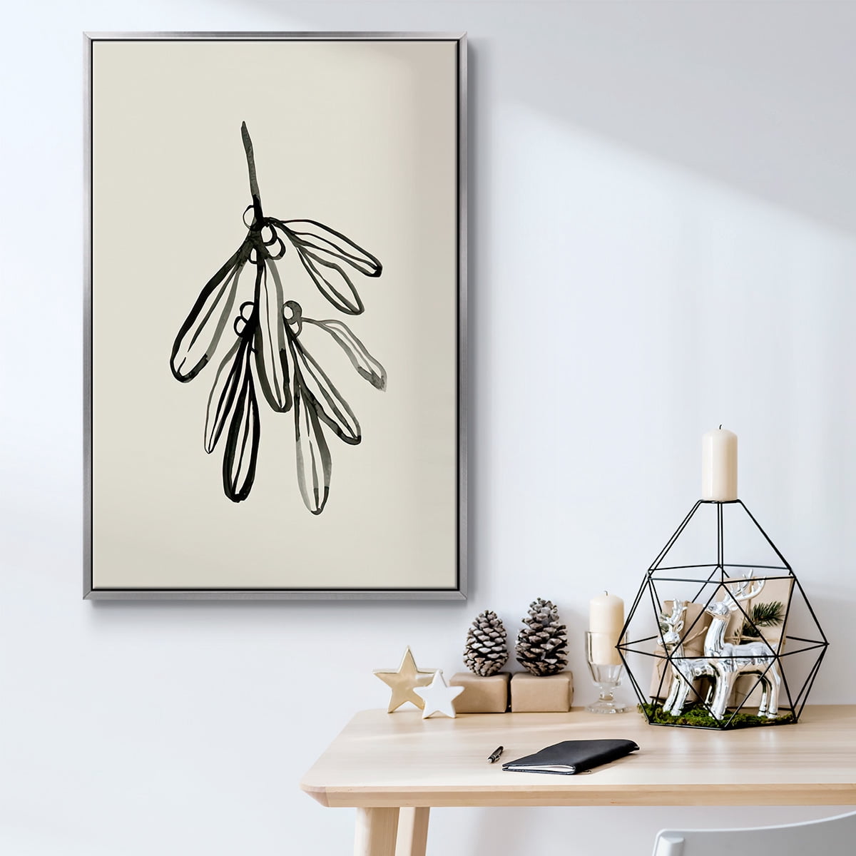 Mistletoe Sketch I - Framed Gallery Wrapped Holiday Canvas - 17 x 25 - Silver Frame