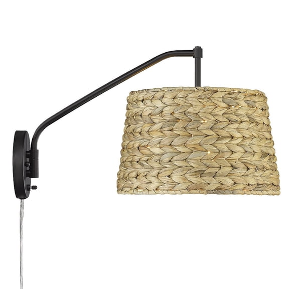 Wry Lighting Ryleigh 1-light Swing Arm Wall Lamp in Matte Black and Woven Sweet Grass shade
