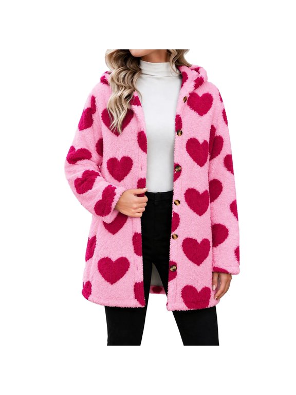 Sherpa Jackets for Women Hooded Long Sleeve Button Down Heart Graphic Cardigan Knee Length Fashion Casual Thermal Coat (2XL, Hot Pink)