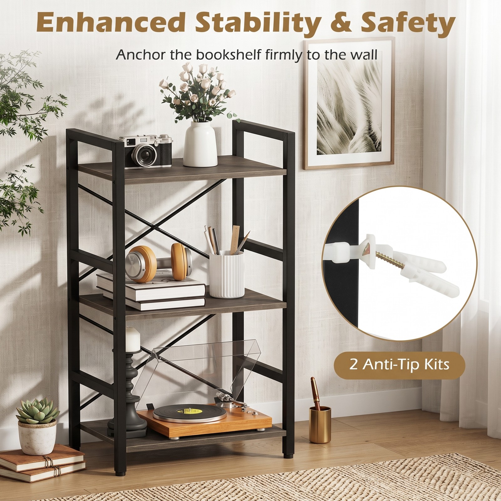 Furnibear 4-Tier Bookshelf with Metal Frame, Freestanding Wooden Storage Rack Display Bookcase Organizer with Anti-Tip Anchors for Home Office Study Living Room, Oak