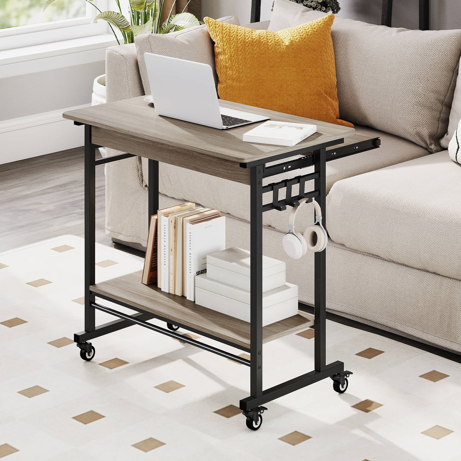Costway Mobile Laptop Desk with Keyboard Tray, Lower Shelf, 3 Hooks, 4 Universal Wheels Gray