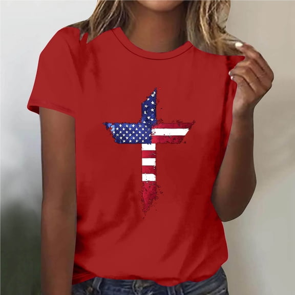 Blmnix Womens Shirt Graphic Cotton Patriotic Pullover Shirt Red Short Sleeve Crew Neck Womens Summer Tops Under $5,XL