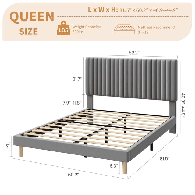 EDTara Velvet Platform Bed With Adjustable Tufted Headboard, Vertical Channel Design and Strong Wooden Slats, Easy Assembly
