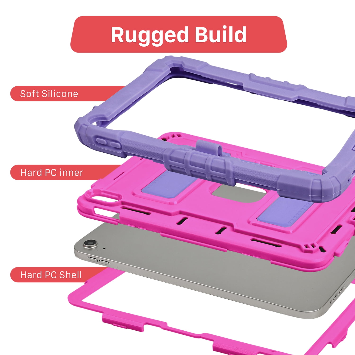 Vena Kids Case For Apple iPad A16 11th Generation 11 Inch 2025, iPad 10th Gen 10.9" Protective Case Cover With Kickstand, Pencil Holder and Shoulder Strap, Purple/Rose Red