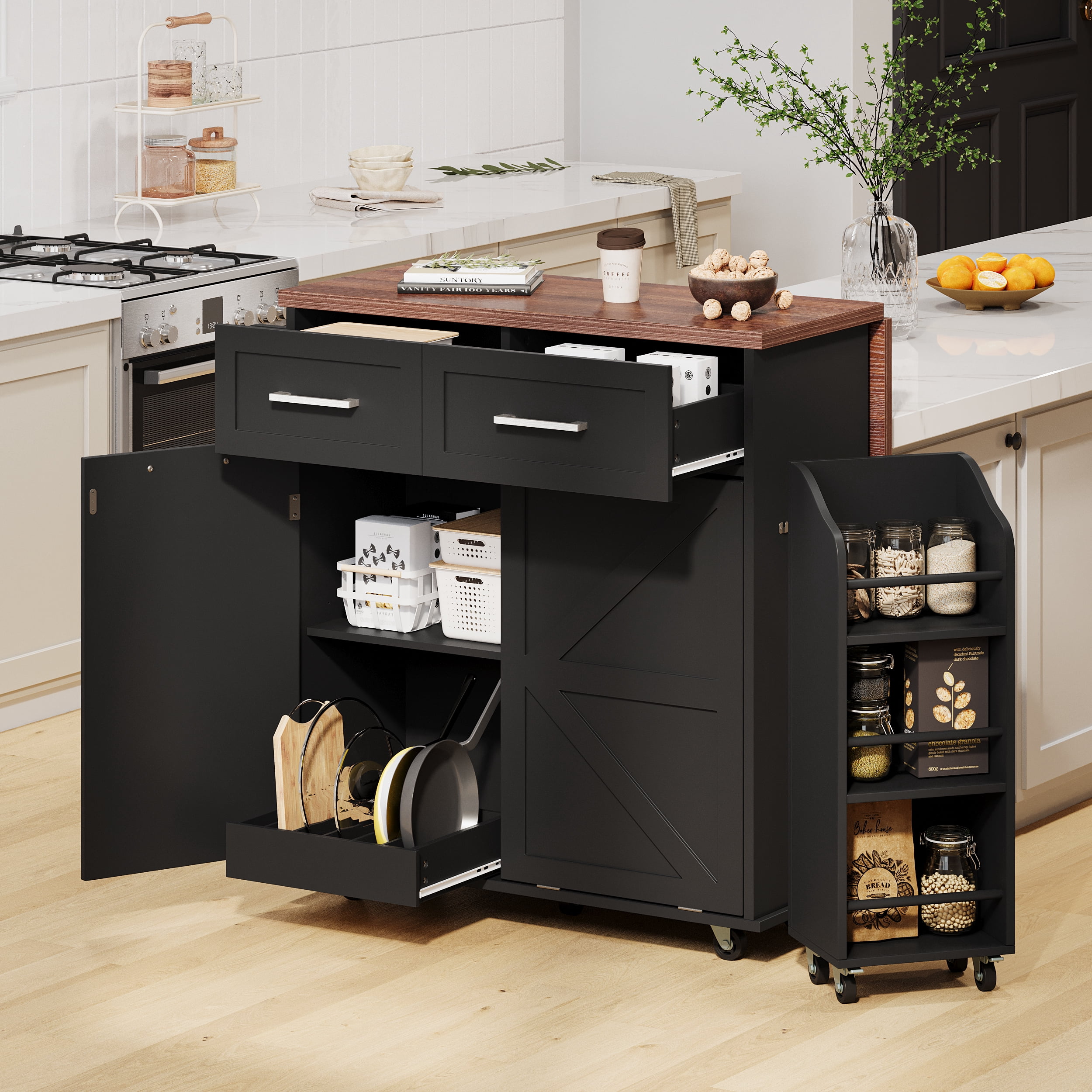 Euroco 47.2" Farmhouse Kitchen Island with Drop Leaf, Kitchen Storage Island with Removable Side Racks, Two Drawers, Rolling Kitchen Cart on Wheels with Towel Rack