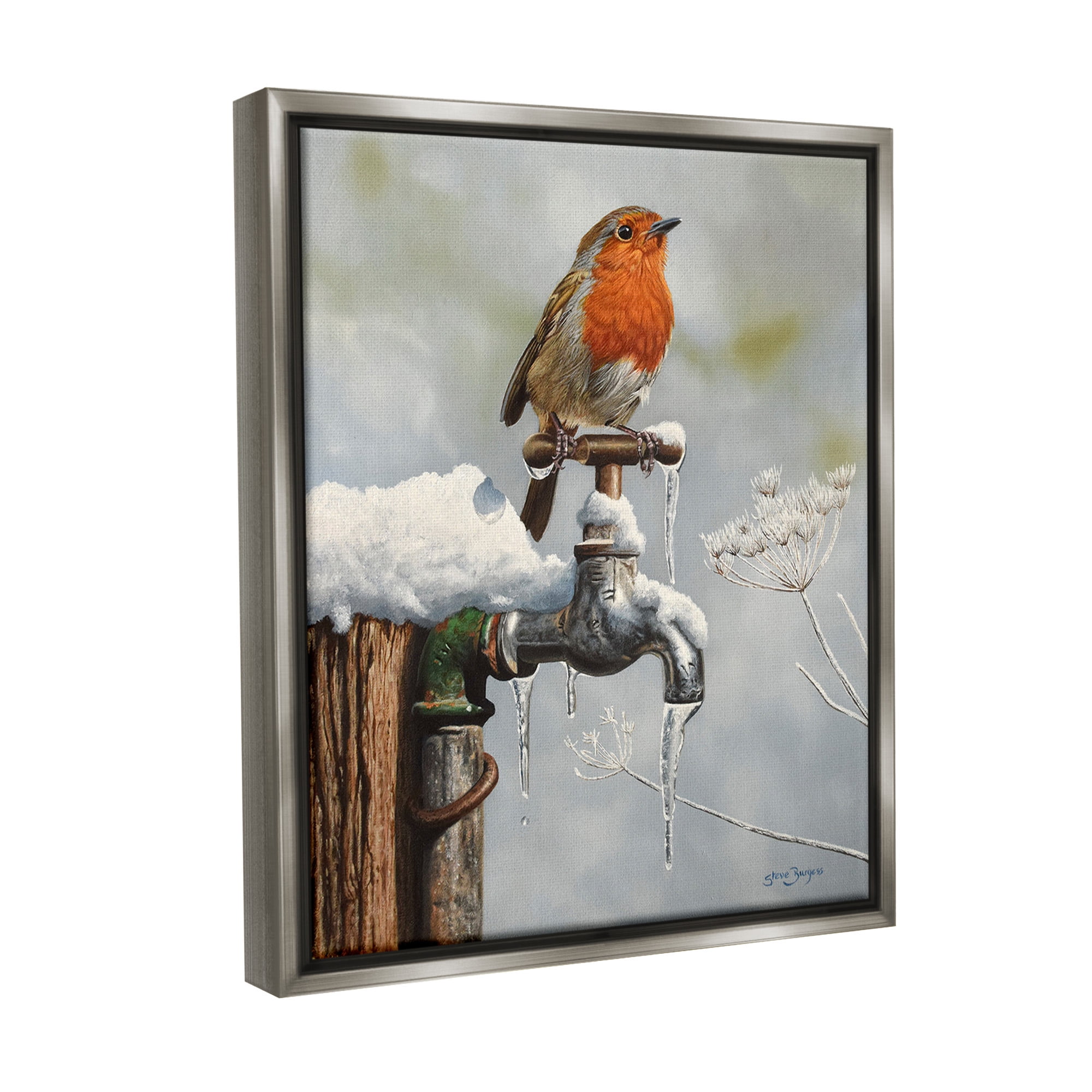 Stupell Industries Robin Bird & Winter Scene Animals & Insects Painting Gray Floater Framed Canvas Art Print Wall Art, 25 x 31