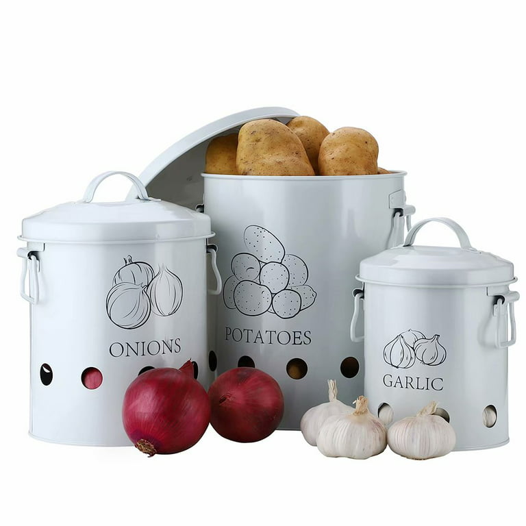 Houseables Potato Storage, Onion Bin, Garlic Container, 6x4, 10x9,  9x6, Set of 3, Metal, White, Vegetable Keeper, Potatoes Basket, Kitchen