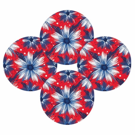 4th of July Round Placemats Set of 4 Red White and Blue Flower Place Mats Independence Day Woven Placemat Patriotic Floral Circle Braided Table Mat for Kitchen Dining Table Party Home Decor 15 Inch