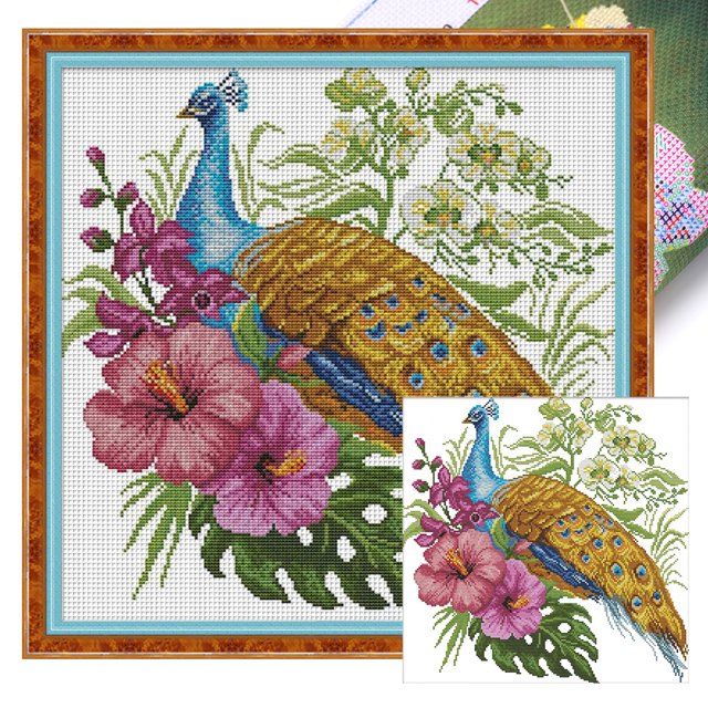Hilo Algodón Ecológico Bordado Obra Arte Punto Cruz Con Pavo Real 14 Quilates 41x40cm