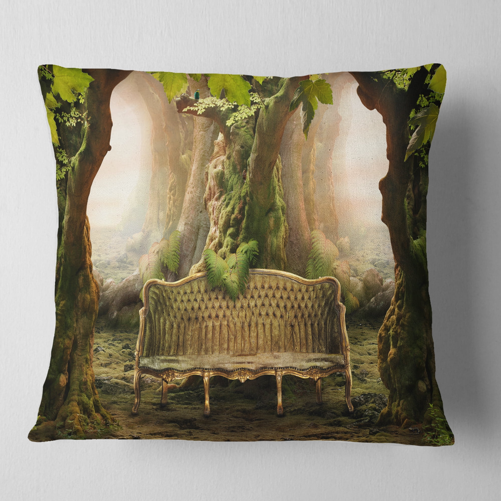 Designart Romantic Seat in Deep Forest - Landscape Photography Throw Pillow - 18x18