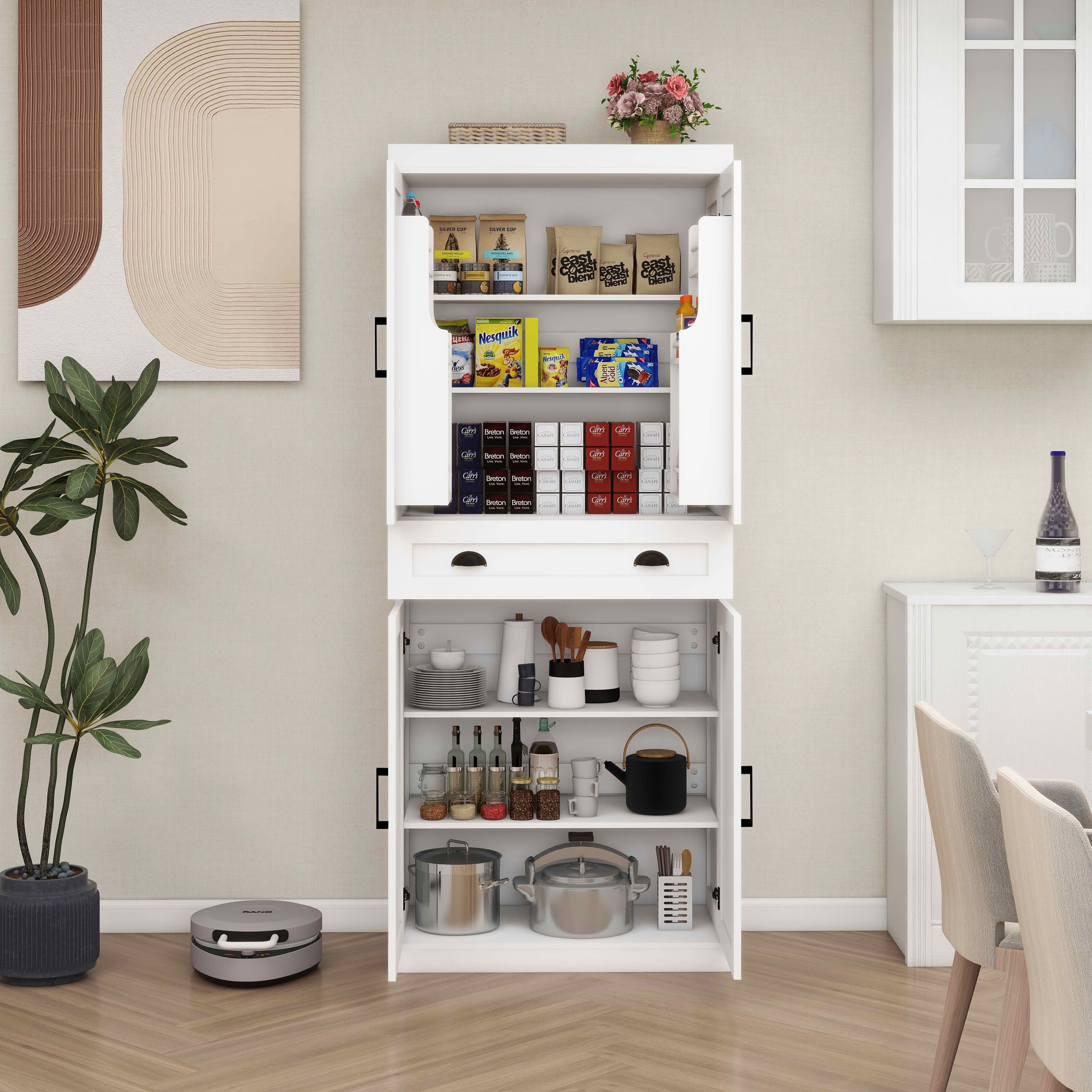 MAYEERTY 71-Inch Kitchen Pantry Storage Cabinet, Freestanding Cupboard with 4 Doors 2 Rack Doors 1 Drawer 2 Adjustable Shelves White