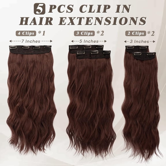 WEIF-Chestnut Clip in Hair Extensions - 5PCs 18 Inch Wavy Clip in Hair Extensions for Women - Thick Soft Synthetic Clips in Hairpieces Daily Party Halloween- Copper Chestnut