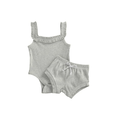 

Inevnen Toddler Girl Boy Summer Solid Knitted Outfits Sleeveless Top Basic Plain Shorts Sets