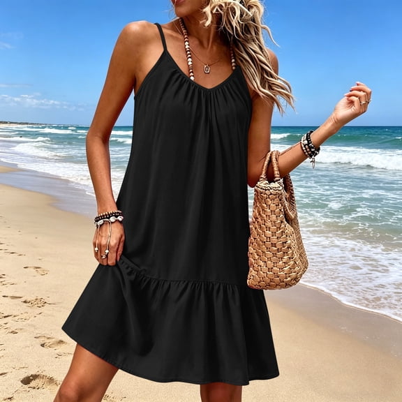 ClodeEU Women's Linen Blend Spaghetti Strap Sundress with Ruffle Hem ,Casual Sleeveless Beach Vacation Dress Black,Women's Plus L
