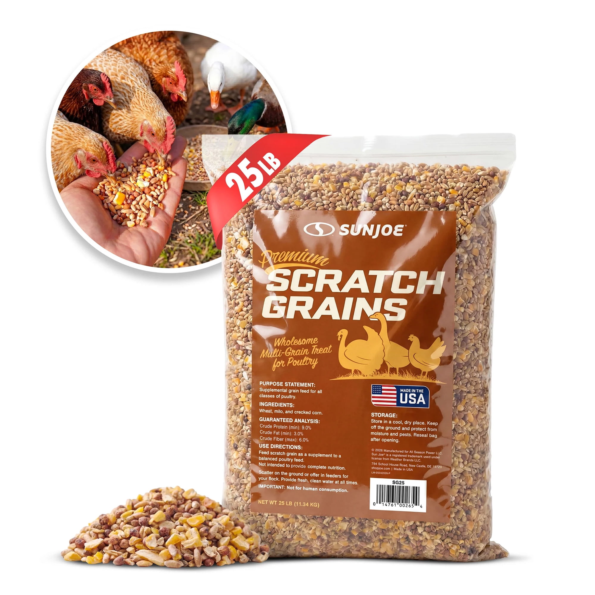 Sun Joe Premium Poultry Scratch Grain, Multi-Grain Blend Chicken Feed & Treats, 25 lb Bag