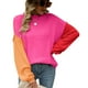 thumbnail image 1 of Suéter de punto Bloqueo de color Jersey de cuello redondo Hombro caído Suéter de manga larga para mujer Rosa Rojo M, 1 of 7