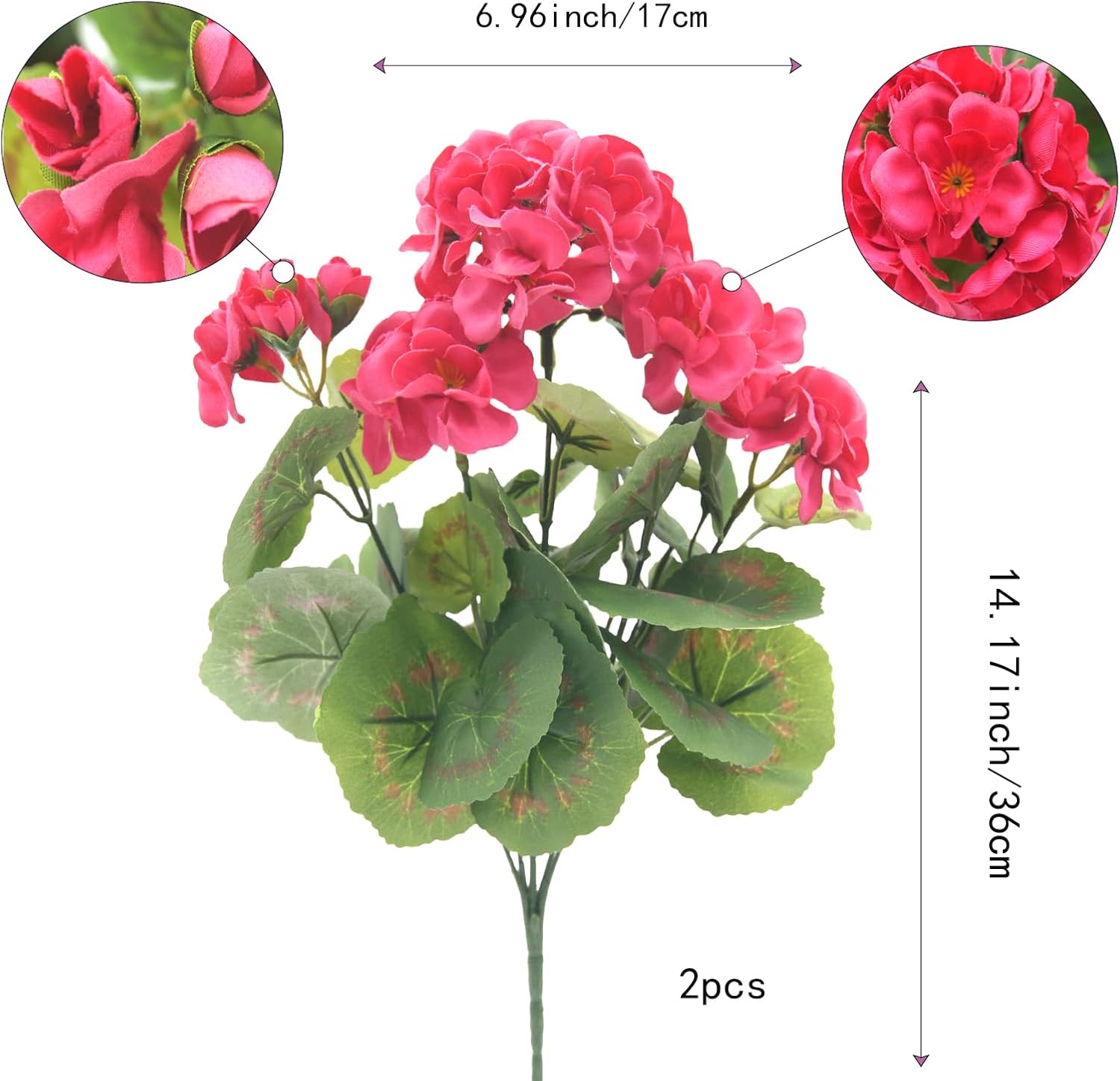 2pcsArtificial Geraniums Silk Flowers Outdoor Artificial Red Geranium Bush Faux Flowers Red Geraniums for Floral Home Decor Indoor Garden Patio Grave Cemetary Vase Table Centerpiece