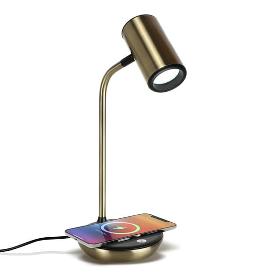 Brightech Ezra 16.5" Antique Brass Dimmable LED Industrial Desk Lamp with Wireless Charging Pad and Adjustable Lamp Head