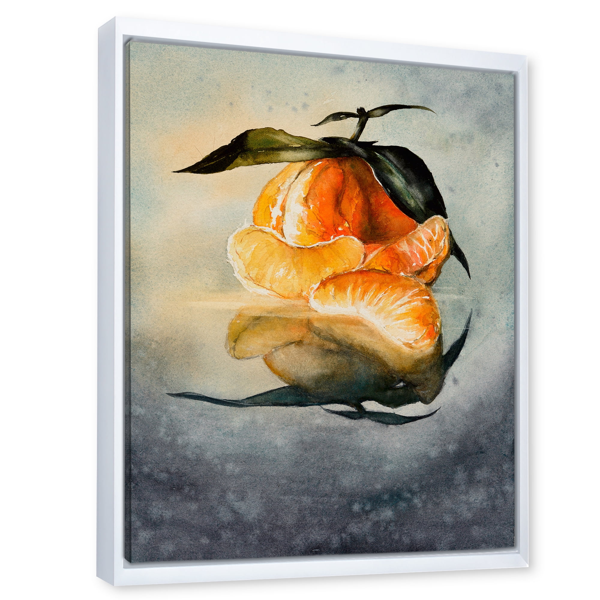 Designart 'One Peeled Fresh Orange Mandarin Under Green Leaves' Traditional Framed Canvas Wall Art Print
