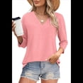 thumbnail image 2 of Blusas de Mujer con Mangas 3/4 y Cuello en V, Estilo Túnica Informal, Básicas, Holgadas Rosa XL, 2 of 6
