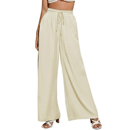 

WANYNG Womens Solid Casual Drawstring Loose Elastic Waist Beach Leg Palazzo Pants Trousers With Pockets Pajama Pants Womens Tall Casual Pants