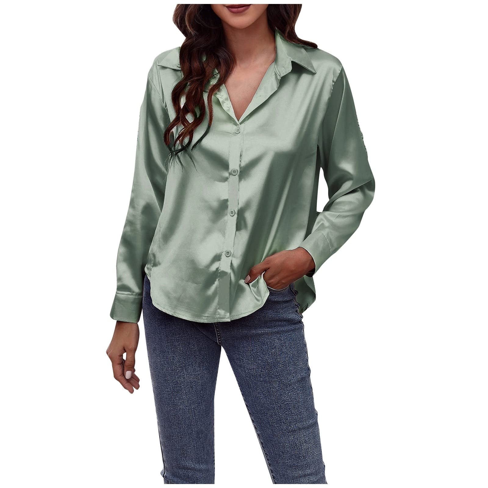 Gutter miljø komme til syne Womens Fall Fashion Solid Color Shirts Long Sleeve Elegant Office Wear  Blouse Trendy Casual Tops for Ladies Button Down Collar Satin Blouse Loose  Tunic Plus Size Tops Mint Green XXL - Walmart.com
