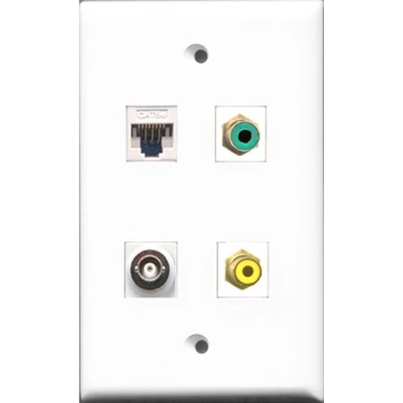 RiteAV 1 Port RCA Yellow and 1 Port RCA Green and 1 Port BNC and 1 Port Cat5e Ethernet White Wall Plate