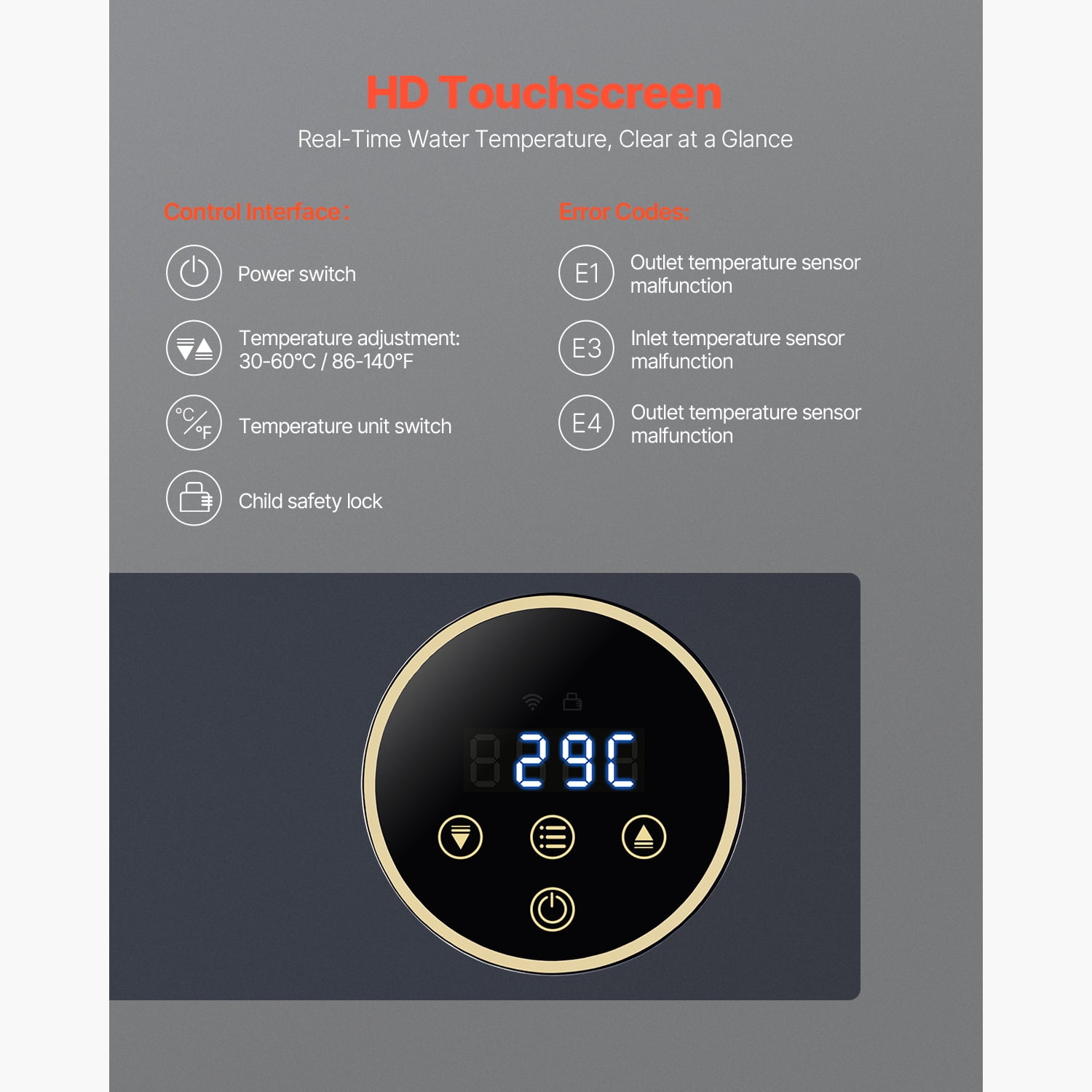 KFFKFF 36kW Tankless Electric Water Heater, Instant Hot Water System for Bathroom, Kitchen, or Office, Features LCD Touch Screen, Child Safety Lock, Compact Design, 240V