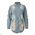 thumbnail image 6 of Women Denim Jacket Casual Long Sleeve Distressed Ripped Button Down Jacket Wool Trucker Jacket Denim Fringe Vest Embroide Denim Shirt Women Pleated Back Denim Jacket Petite Jean Jackets for Women, 6 of 6