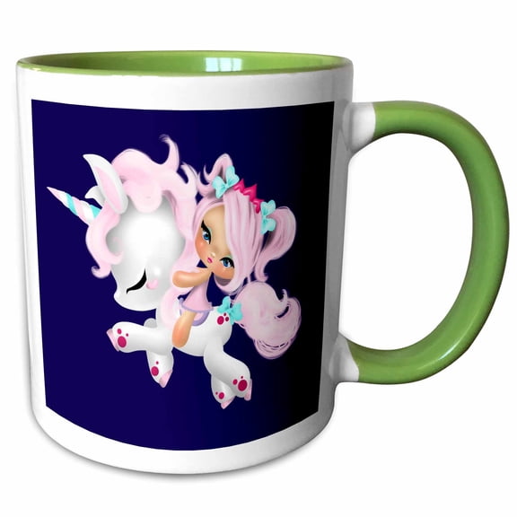 3drose, Cute Girl on a Pink Unicorn Illustration, 11oz Two-tone Green Mug