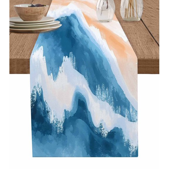 Ldtrchee Blue Coastal Table Runner 72 Inches, Summer Beach Waves Nautical Oil Painted Bed Runner Dresser Scarves Tabletop for Indoor Outdoor Parties/Ceremony/Banquet, 13" x 72"