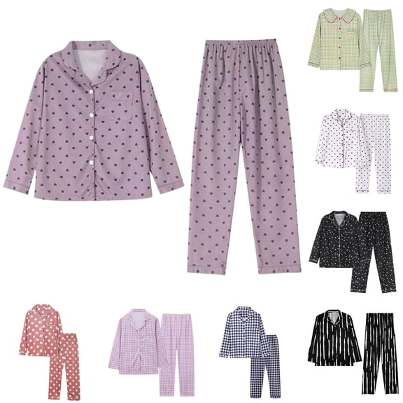 SROBPTY Pajamas Set for Womens Fall Winter Print Collared Long Sleeve Tops Long Pants Button Front Sleepwear