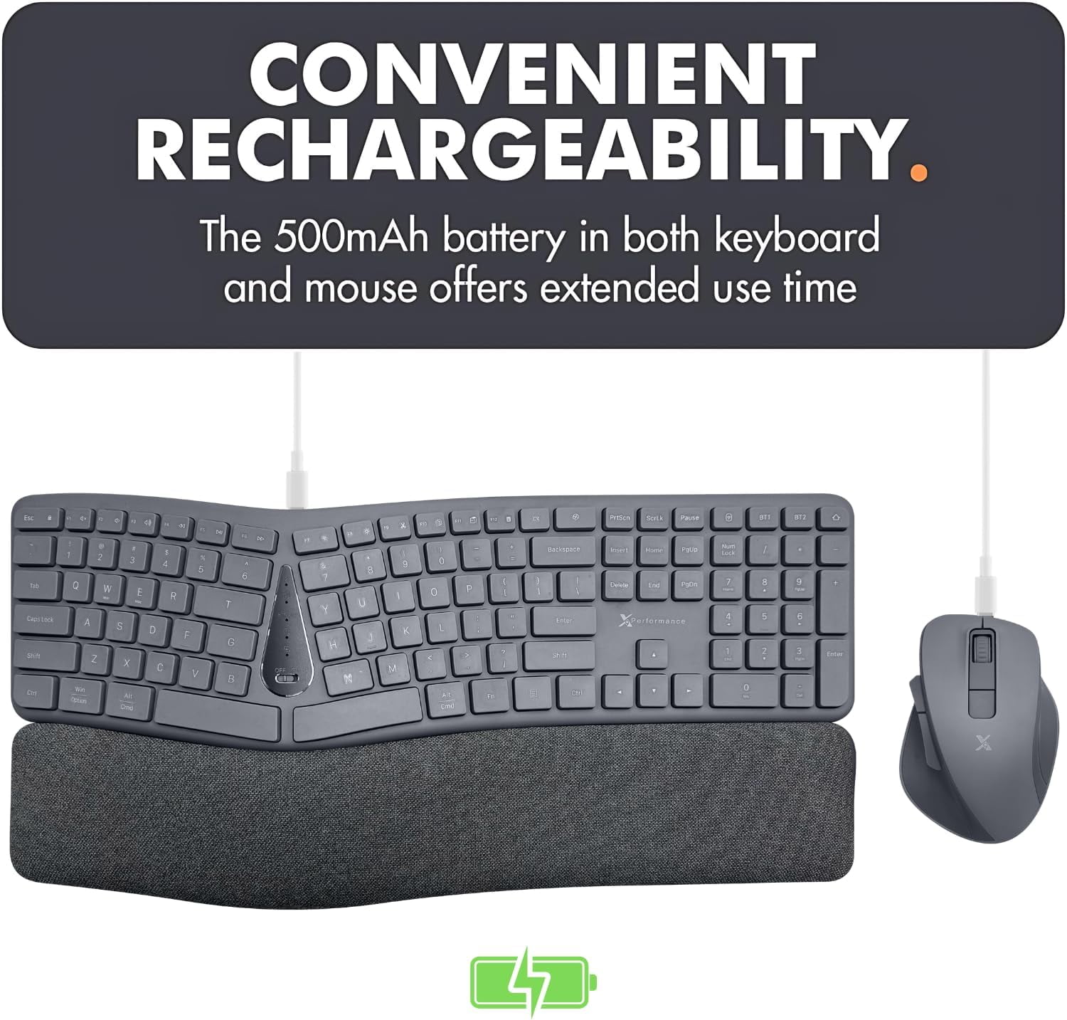 X9 Split Ergonomic Keyboard Mouse Wireless Combo - Type Comfortably - 2.4G/Bluetooth Ergo Keyboard Mouse Wireless, Silent Keys, Wrist Rest, Multi-Device, Rechargeable for Laptop, PC, Mac - Gray