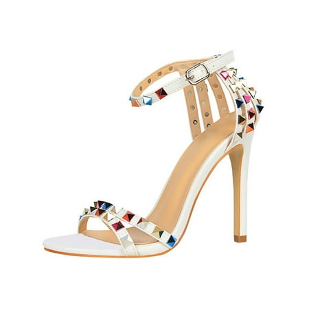 

Lacyhop Womens Strappy Sandal Studded High Heel Sandals Stiletto Dress Shoes Wedding Non-slip Heels Sexy Ankle Strap White 6