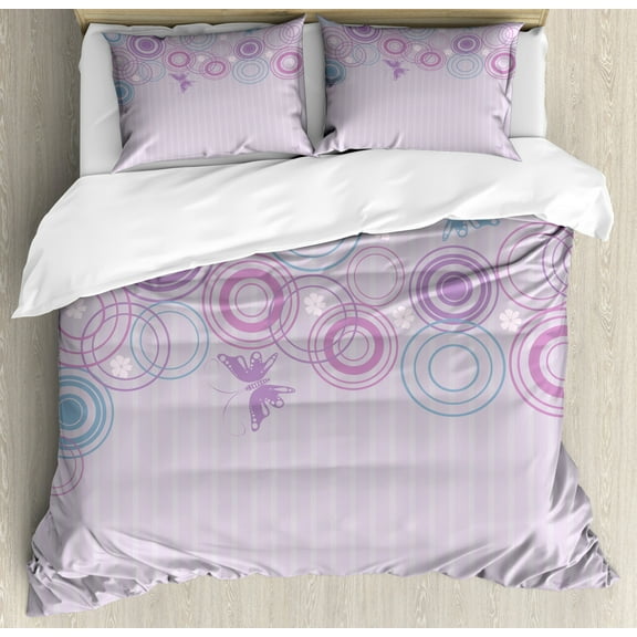 Butterfly Queen Size Duvet Cover Set, Abstract Soft Color Background with Lovely Summer Season Animals and Circles, Decorative 3 Piece Bedding Set with 2 Pillow Shams, Lilac Blue Pink, by Ambesonne