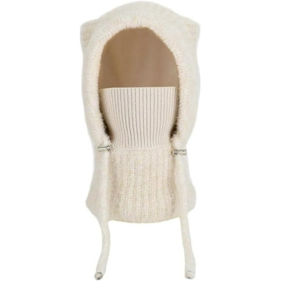 Women's Winter Knitted One Piece Hat Scarf Warm Fleece Lined Beanie with Drawstring Balaclava Knit Skull Cap