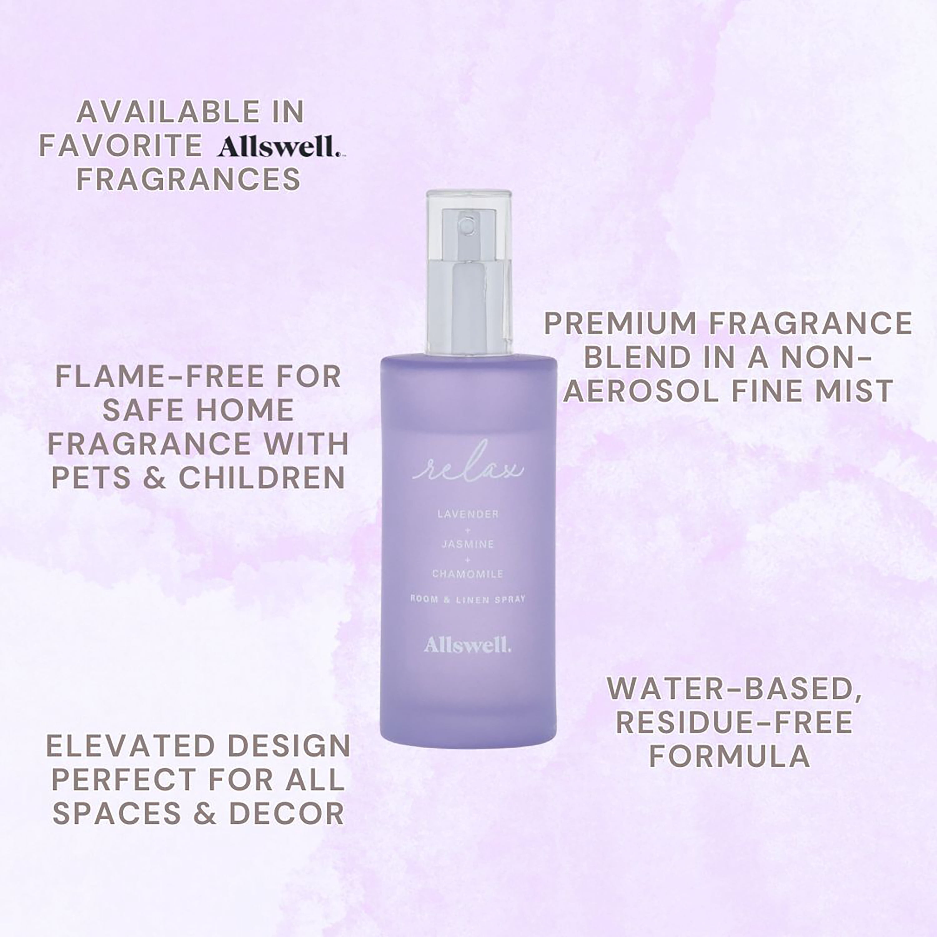 Allswell Relax (Lavender + Jasmine + Chamomile) Scented Room and Linen Spray 3.4 Fl Oz (100mL).